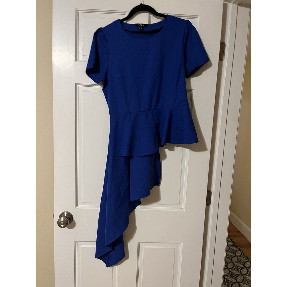 L.N.V Blue Solid Ruffle Short Sleeve asymmetric dress